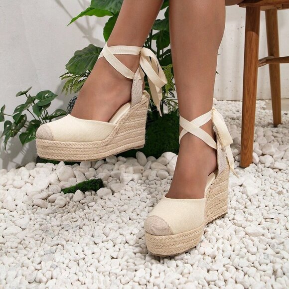 Shoes - Apricot Boho Women's Vacation Tie Leg Design Espadrille Wedge Shoes
